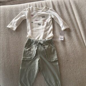 Carter's Cream Butterfly Bodysuit with Sage Green Ruffle Pocket Pants